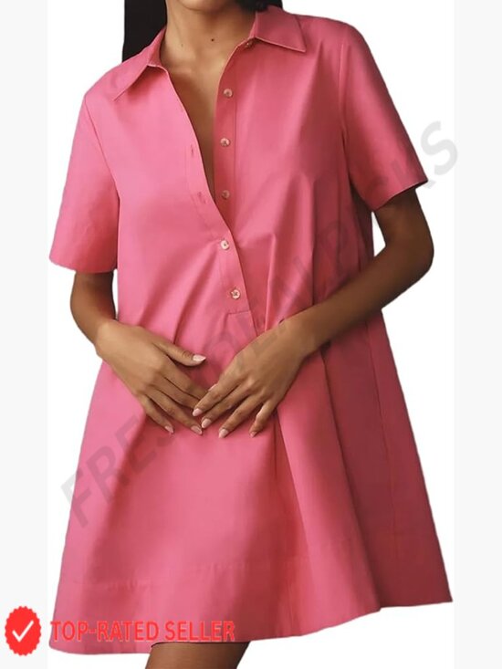 Dresses & Skirts - Oversized Short Sleeve Swing Tunic Mini Dress Flowy A-Line Button Down Shirt